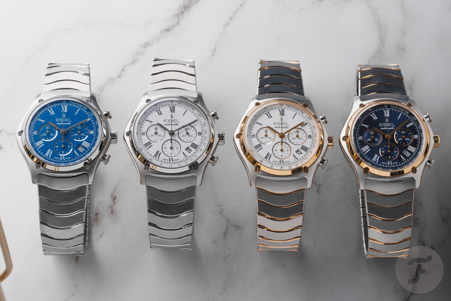 four Ebel Sport Classic Chronograph limited editions lined up, head on