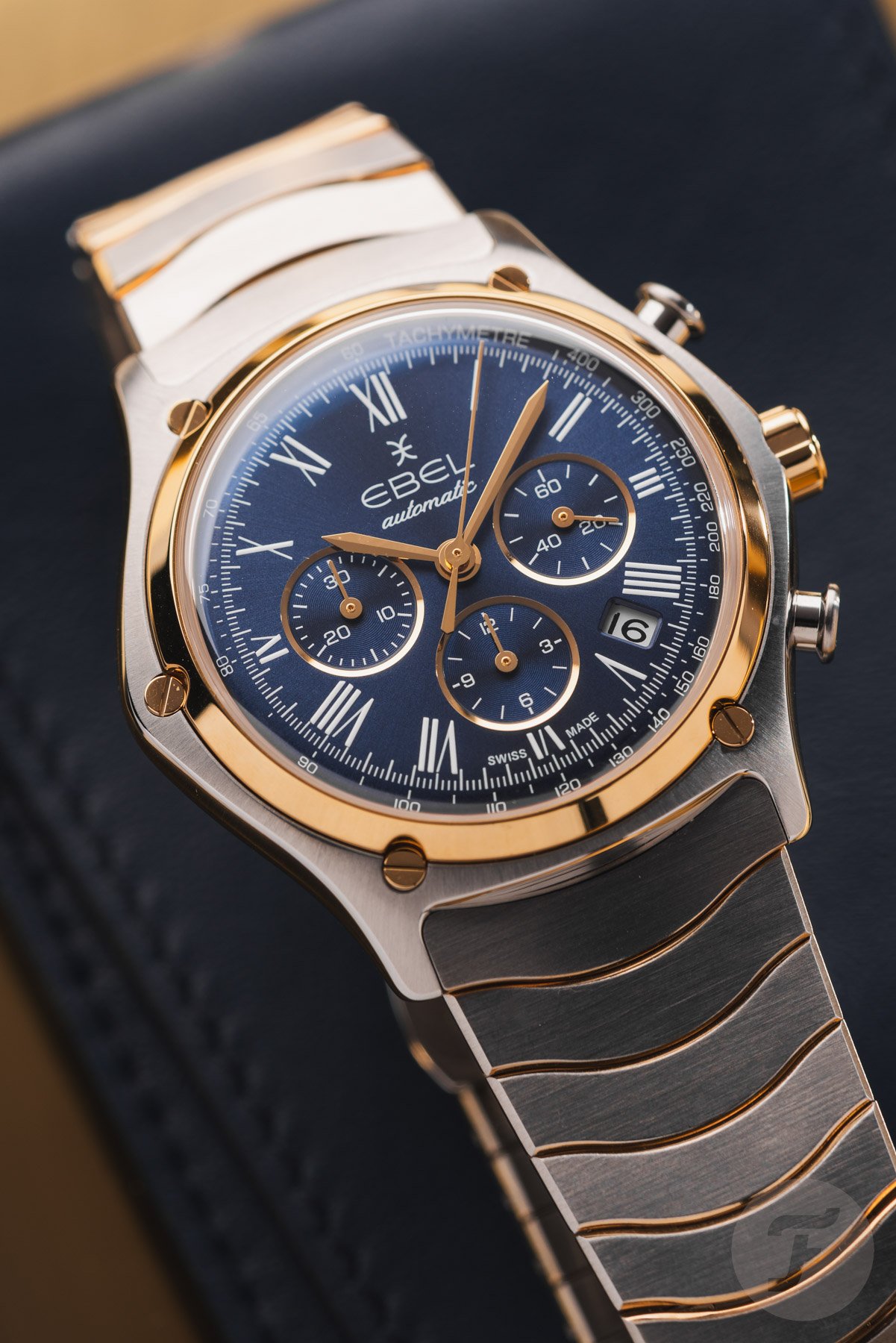 steel-and-gold blue-dial Ebel Sport Classic Chronograph LE