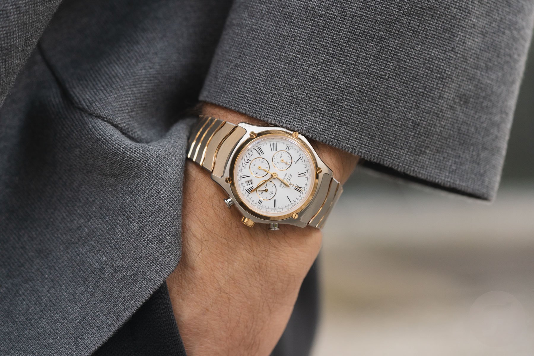 steel-and-gold white-dial Ebel Sport Classic Chronograph LE pocket shot