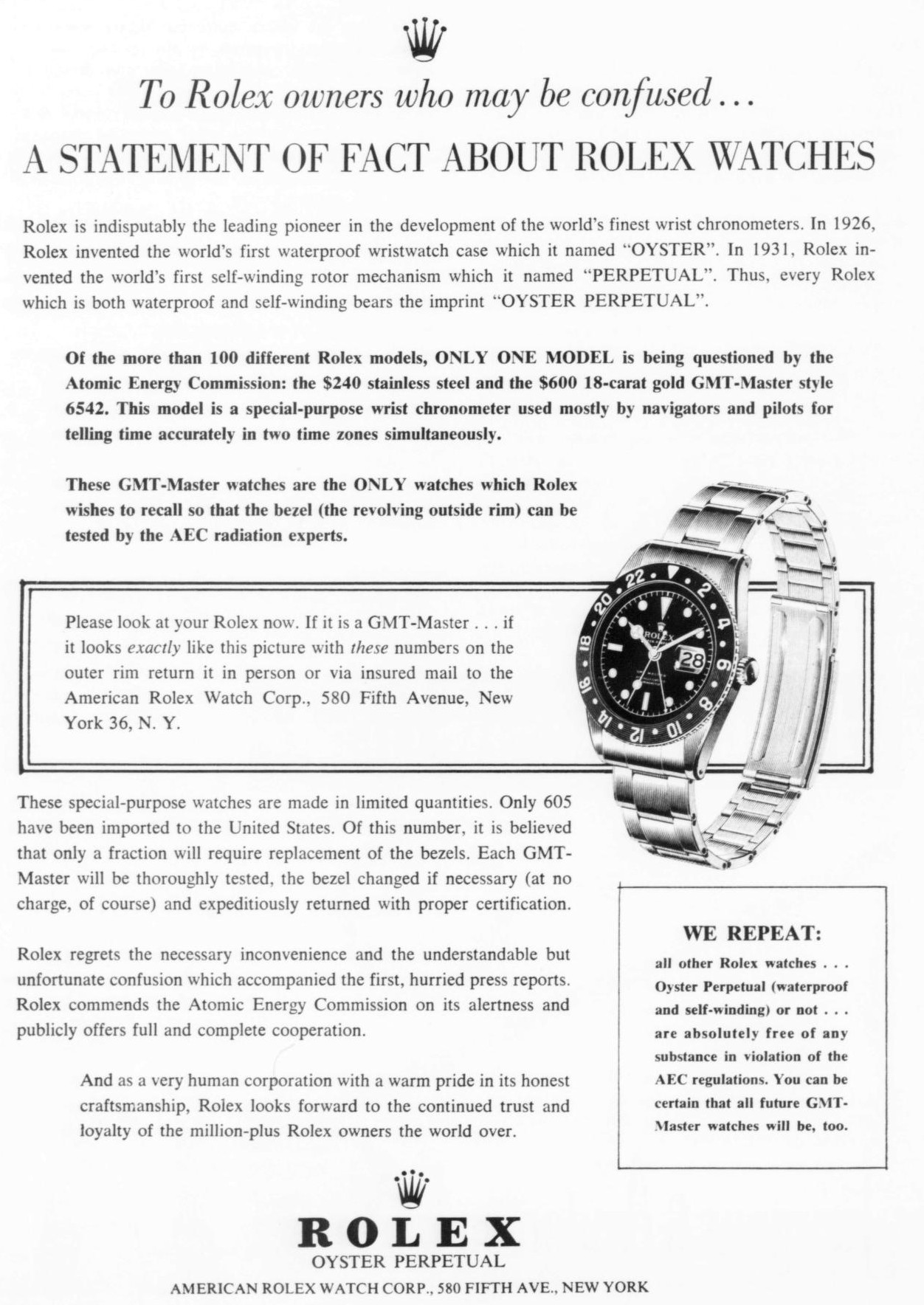 Rolex GMT-Master recall notice in 1960 JCK Magazine