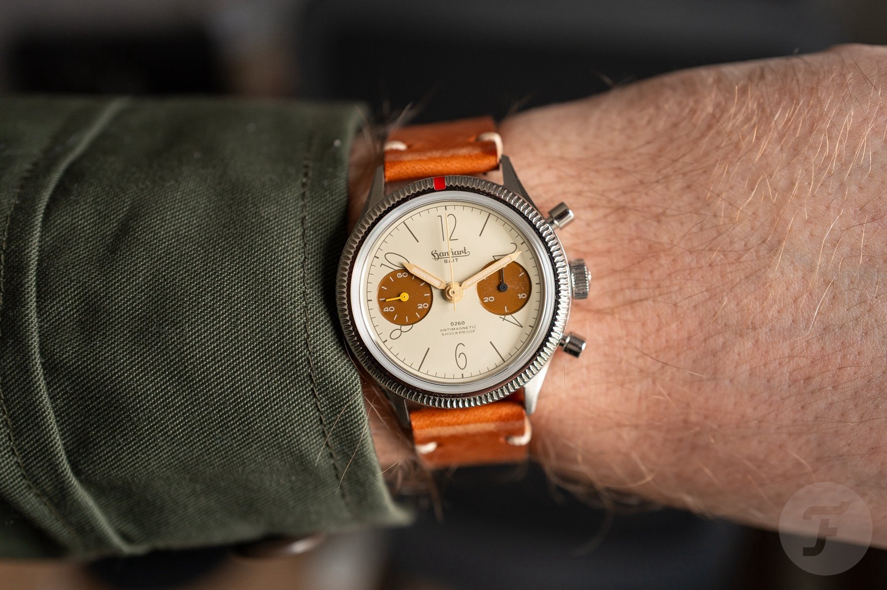 beige-dial Hanhart 417 ES × 0260 & BAIT wrist shot