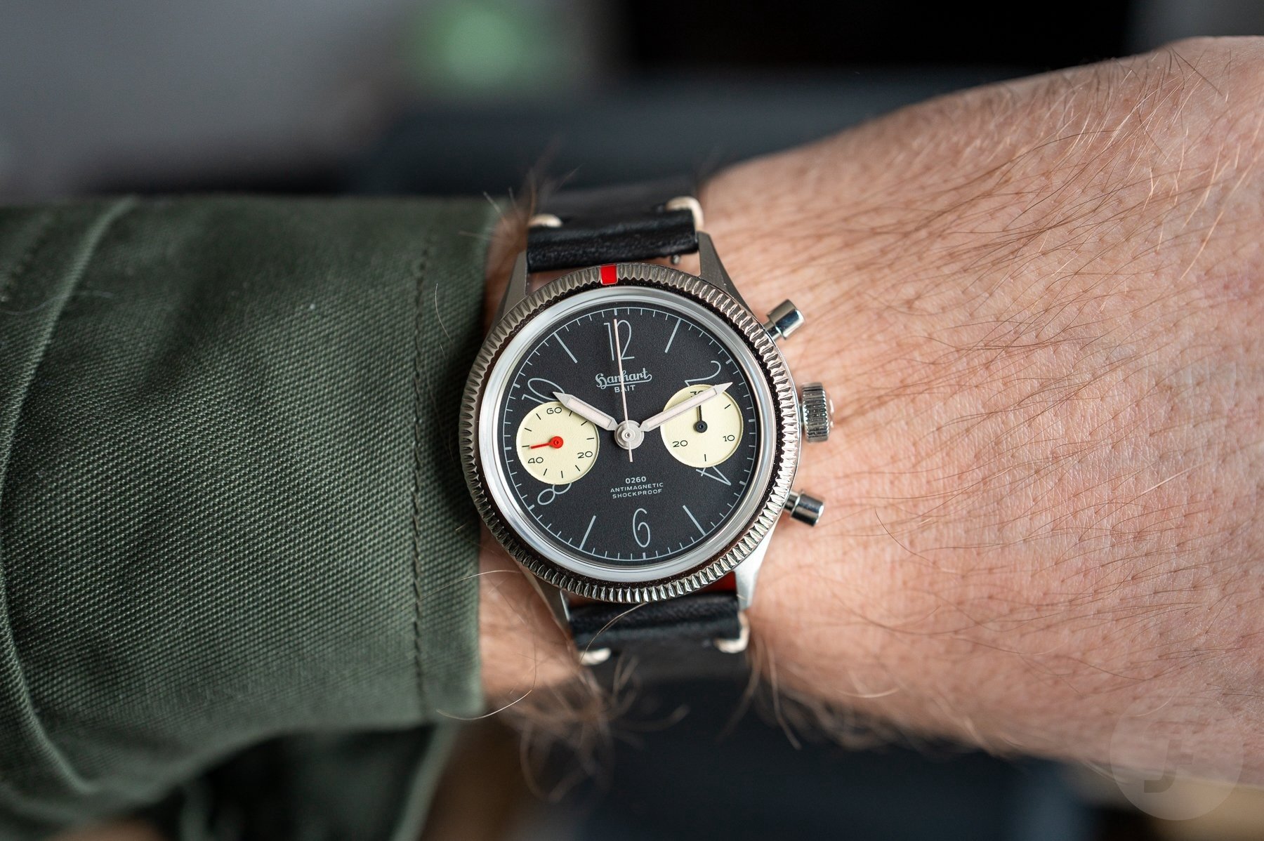 black-dial Hanhart 417 ES x 0260 & BAIT wrist shot