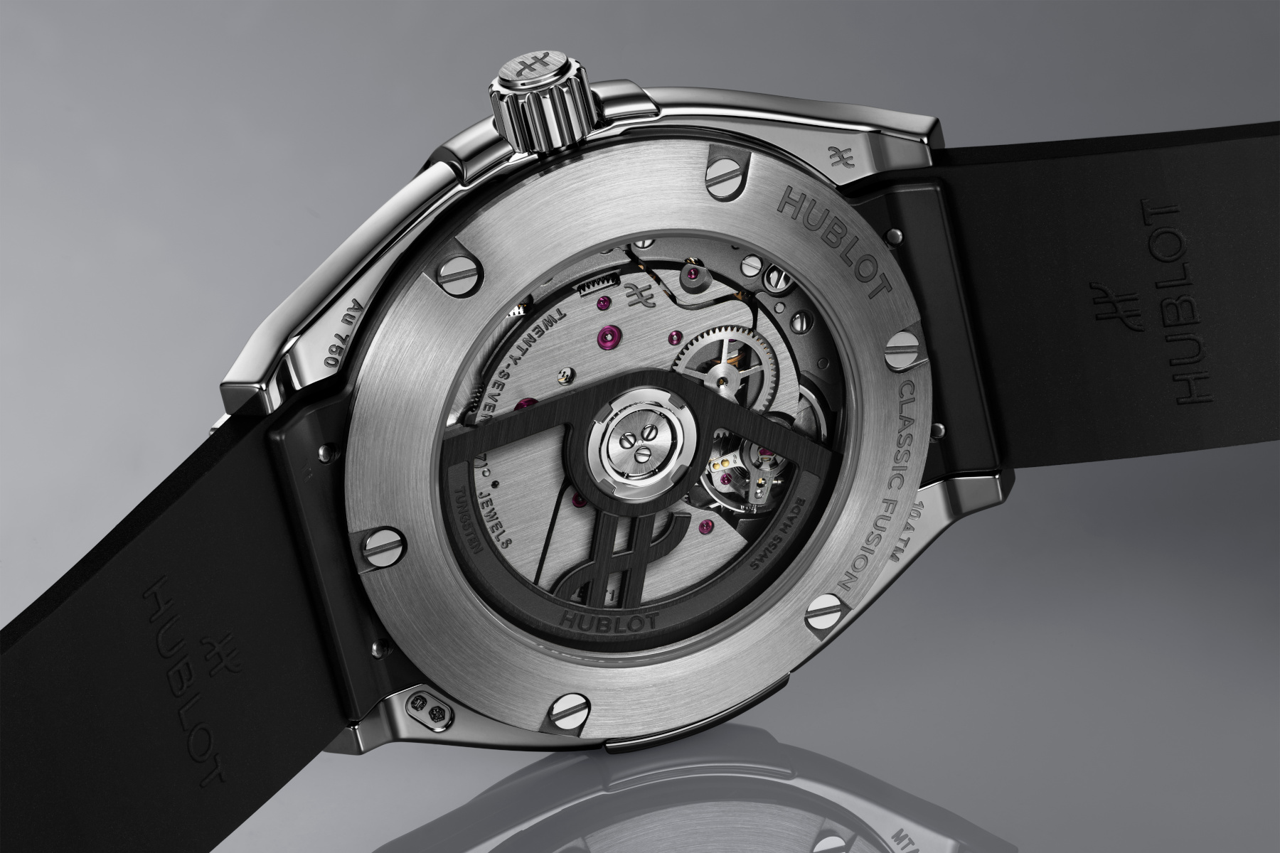 white gold Hublot Classic Fusion Tributo case back and movement
