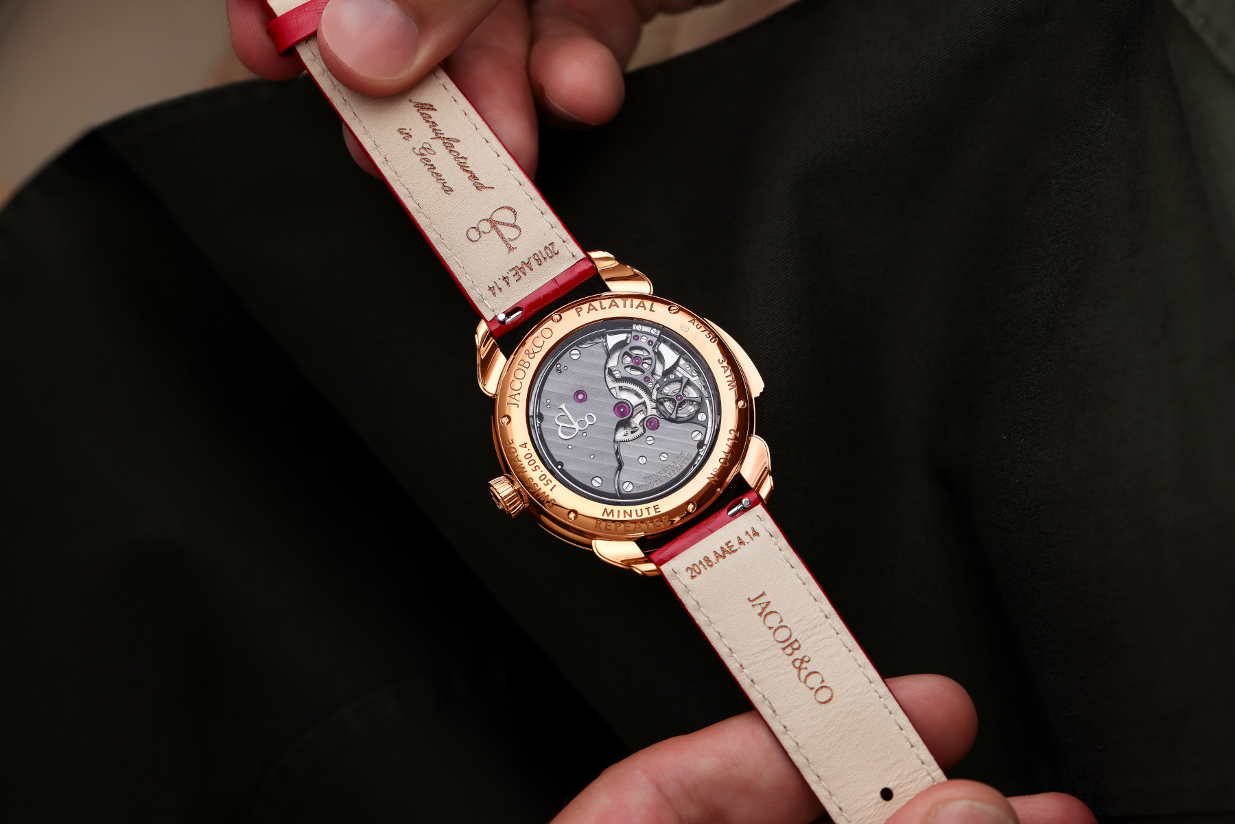 Jacob & Co. Palatial Flying Tourbillon Minute Repeater being held showing the display case back
