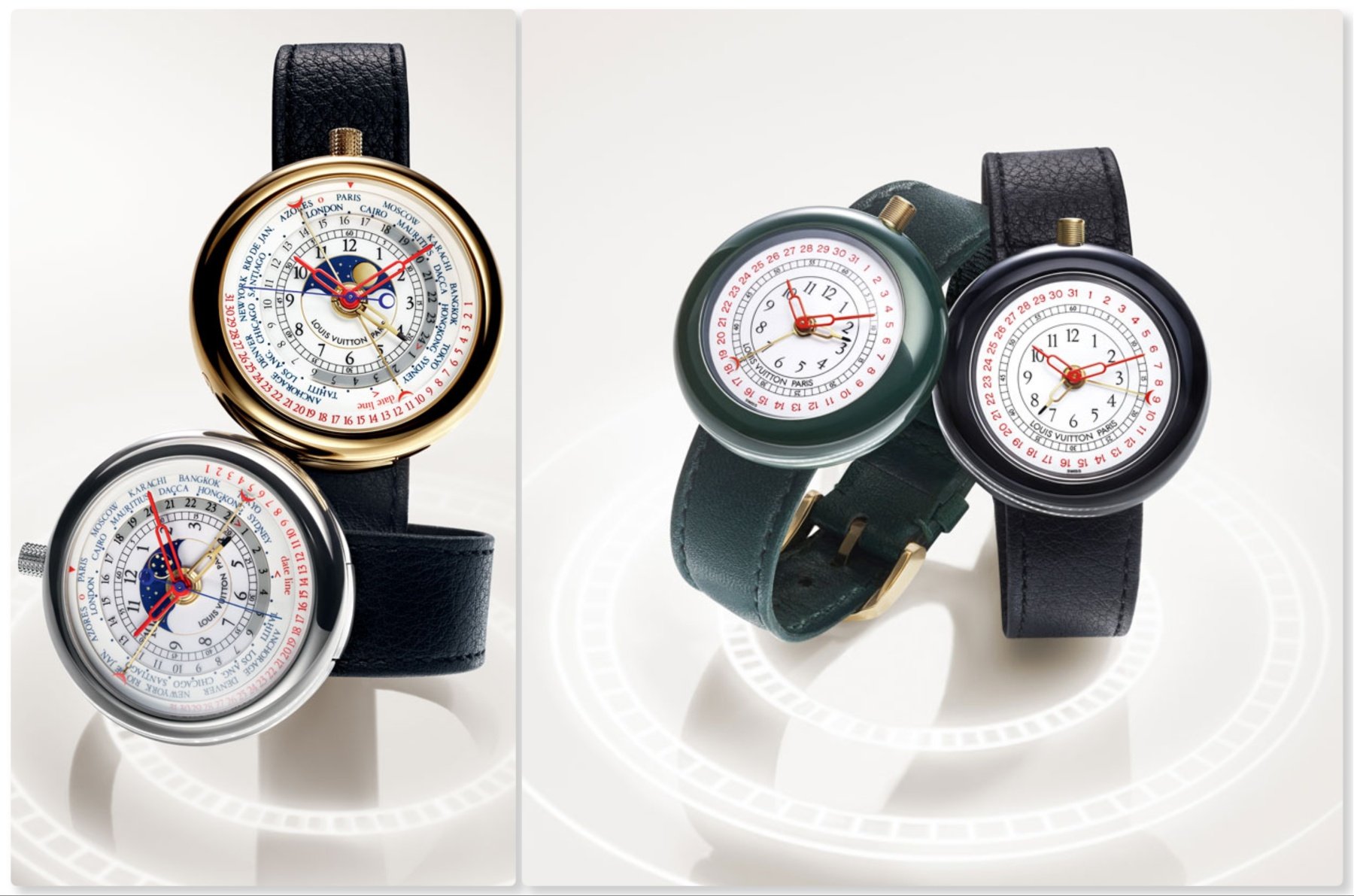 Collage of LV I (left) and LVII watches from the 1980s