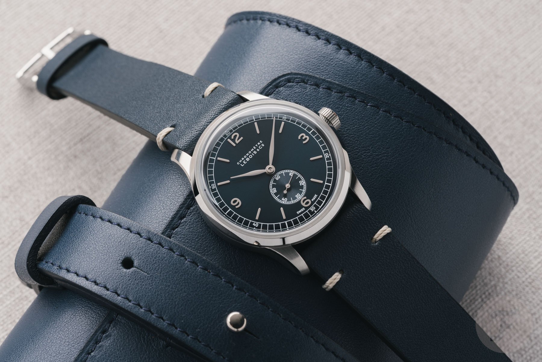 Lebois & Co Heritage Small Seconds Baton flat-lay on watch roll