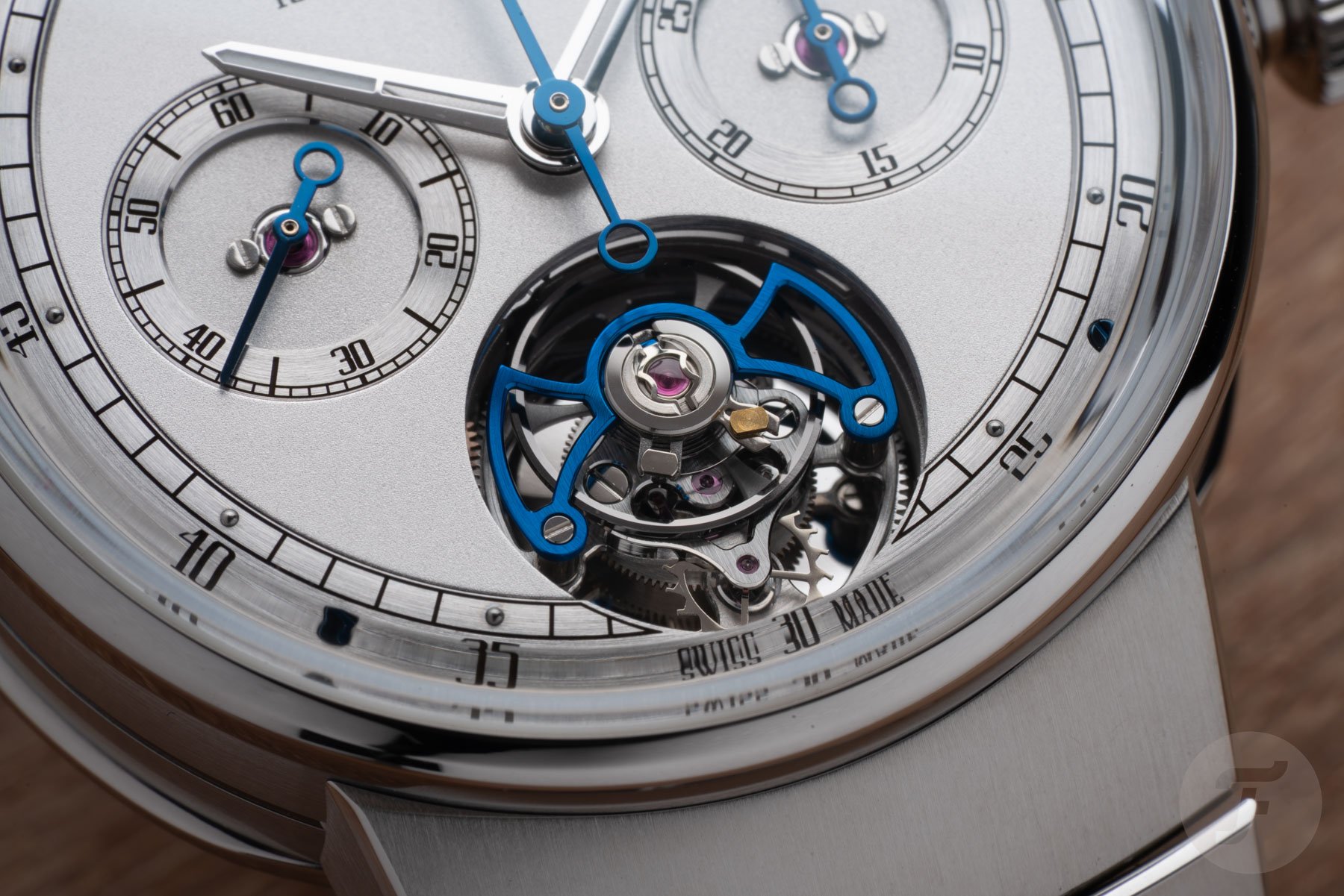 Lower half of the dial of the Louis Moinet 1816 Tourbillon Chronograph