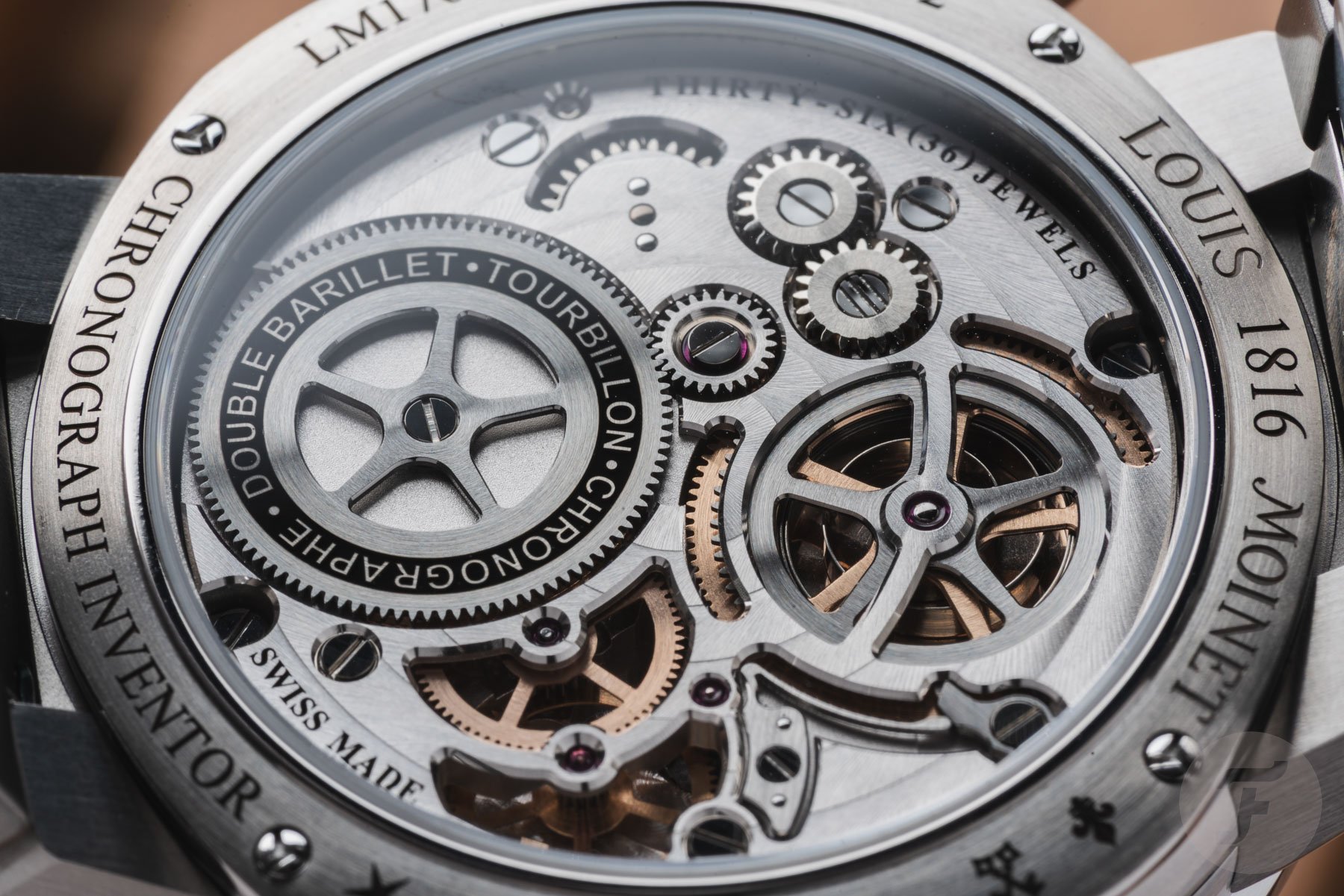Lower half of the dial of the Louis Moinet 1816 Tourbillon Chronograph case back and movement