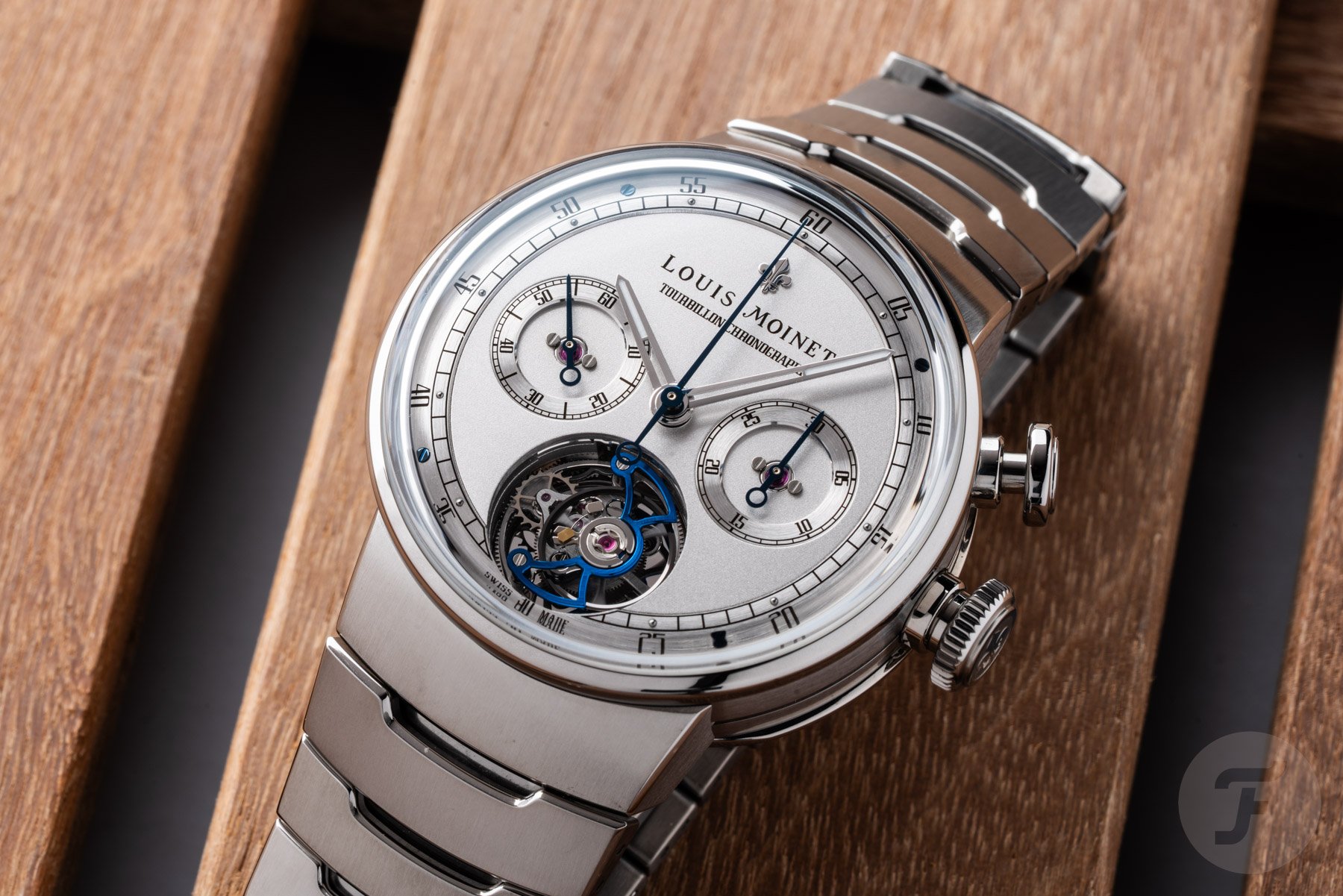 Lower half of the dial of the Louis Moinet 1816 Tourbillon Chronograph up close