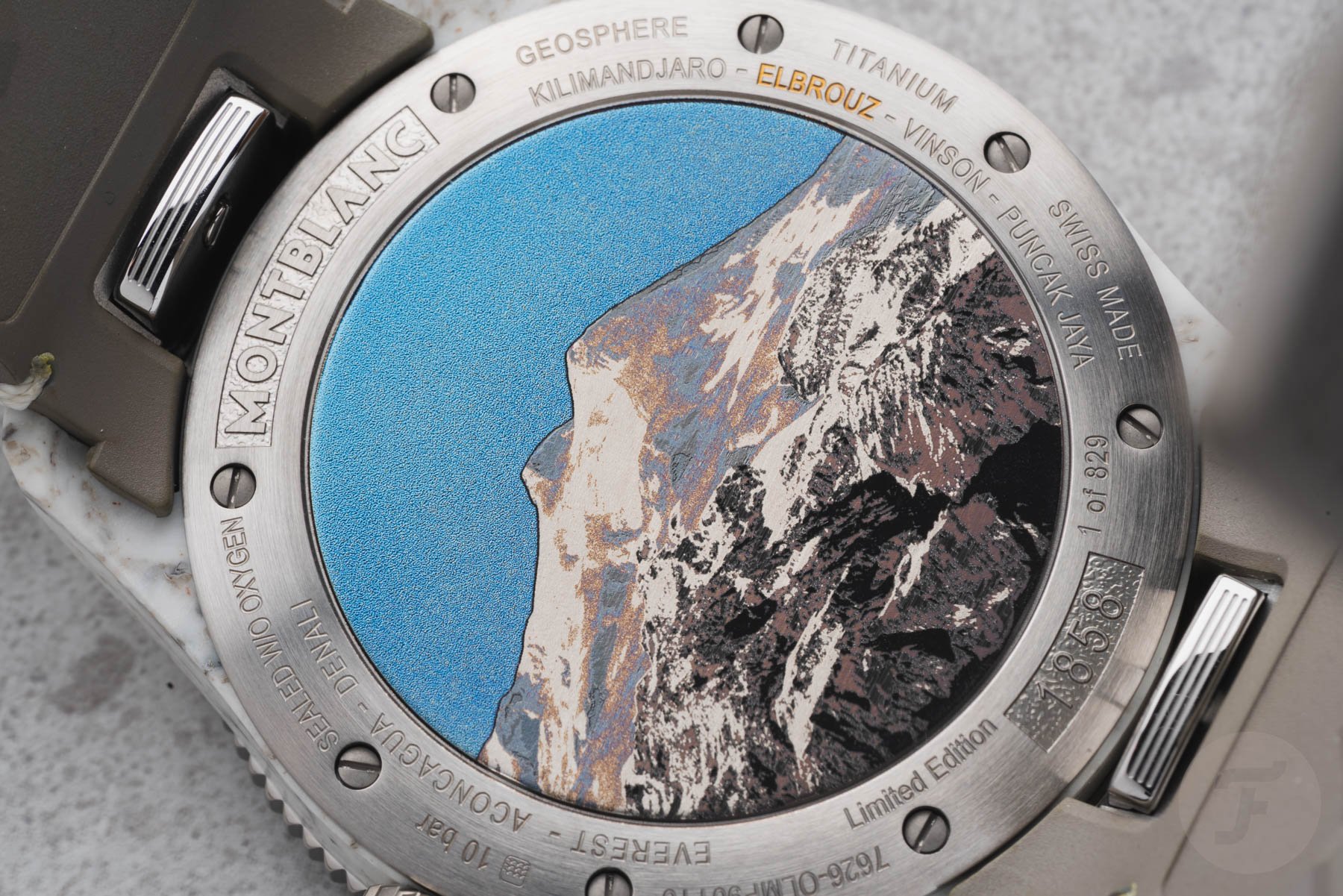 The laser-engraved case back of the Montblanc Geosphere 0 Oxygen Mount Elbrouz LE 829