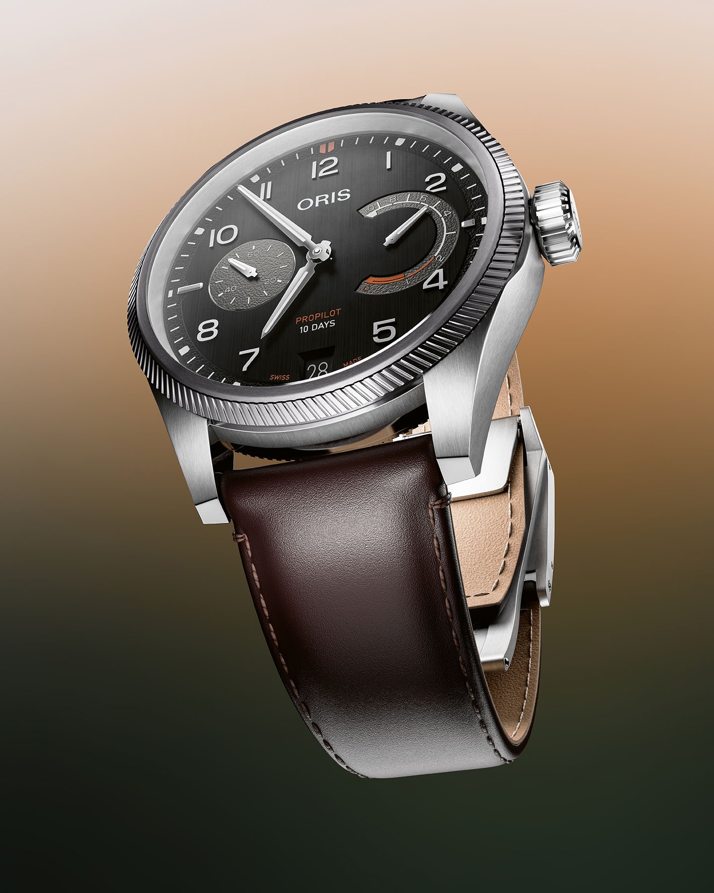 black-dial Oris ProPilot Calibre 111 on leather strap, from below