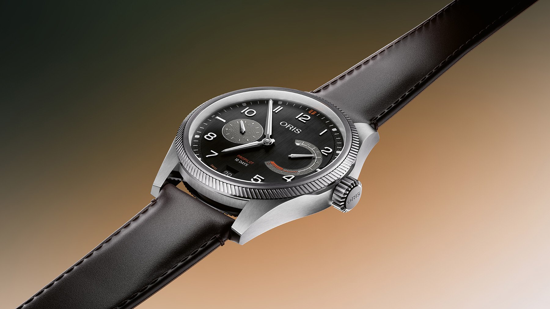black-dial Oris ProPilot Calibre 111 on leather strap, angled, flat