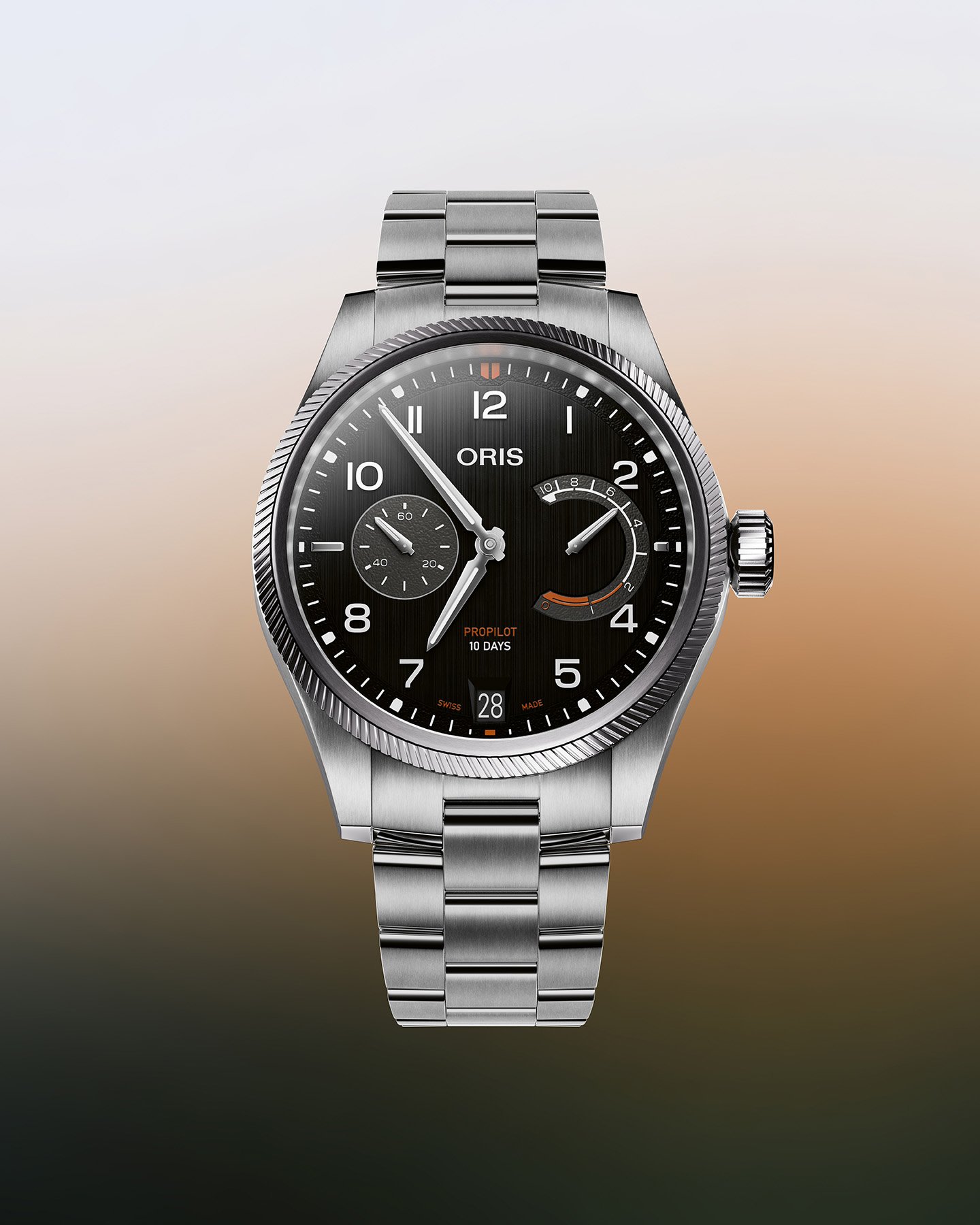 black-dial Oris ProPilot Calibre 111 on bracelet, head on