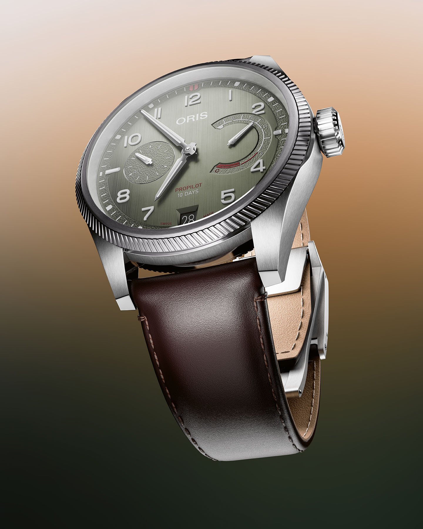 green-dial Oris ProPilot Calibre 111 on leather strap, from below