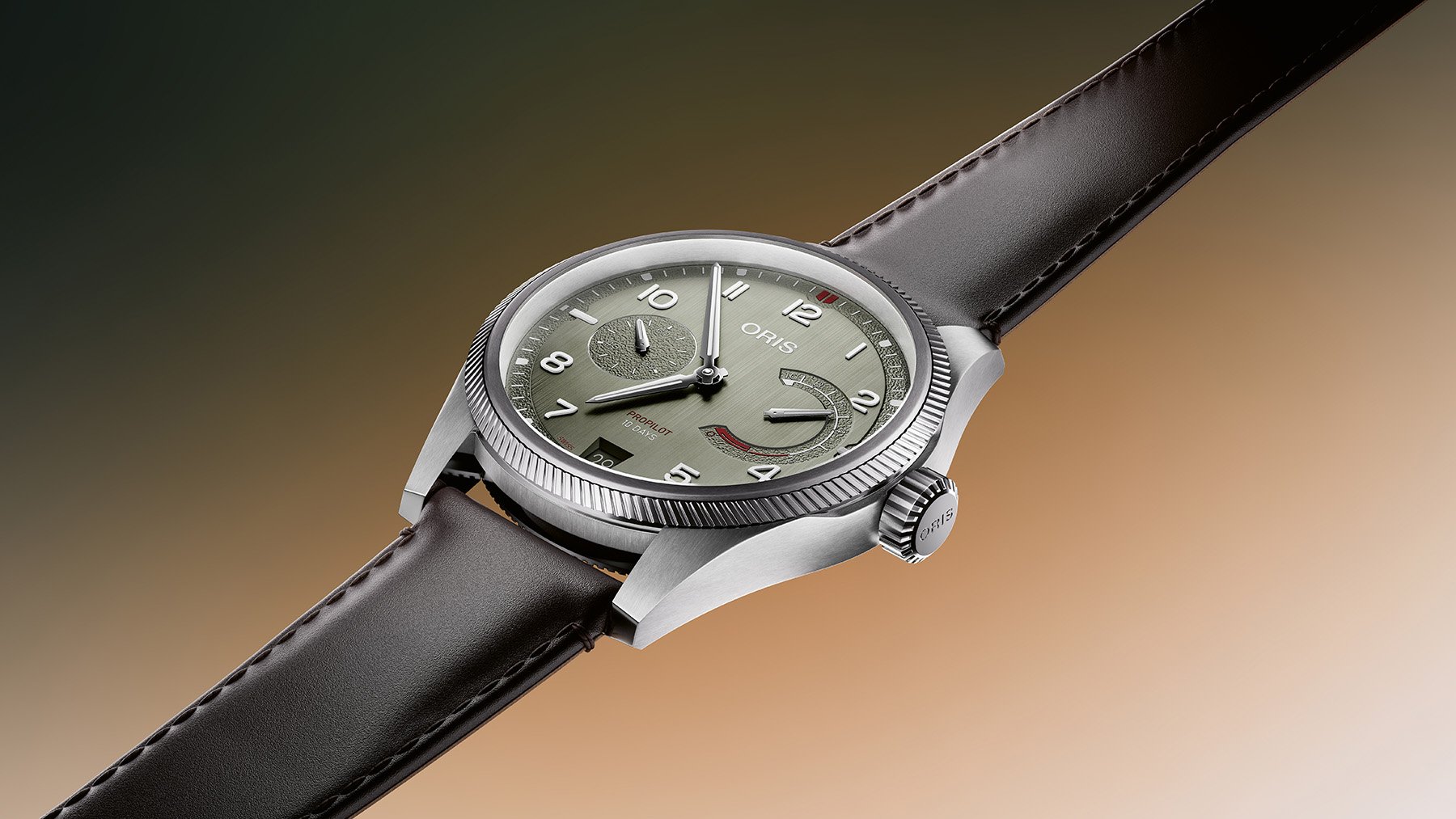 green-dial Oris ProPilot Calibre 111 on strap, angled, flat