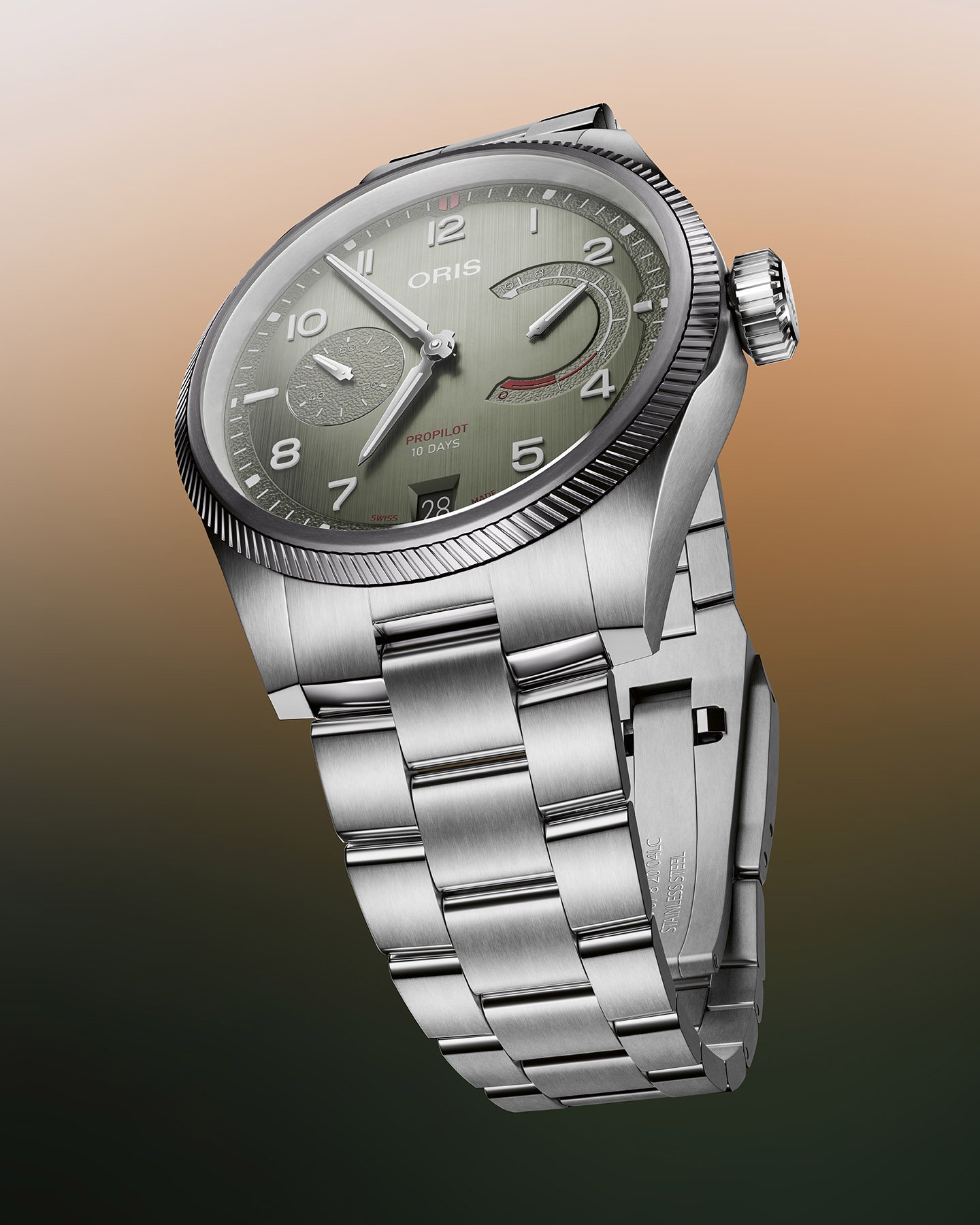 green-dial Oris ProPilot Calibre 111 on bracelet, from below