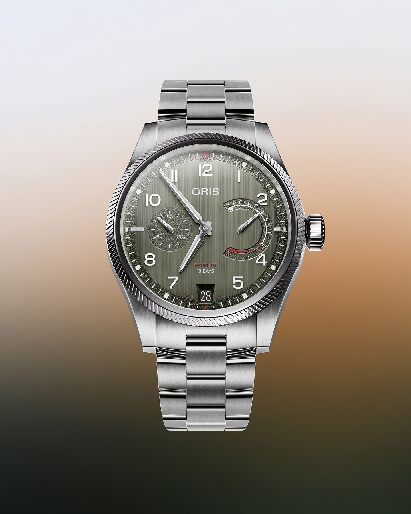 green-dial Oris ProPilot Calibre 111 on bracelet, head on