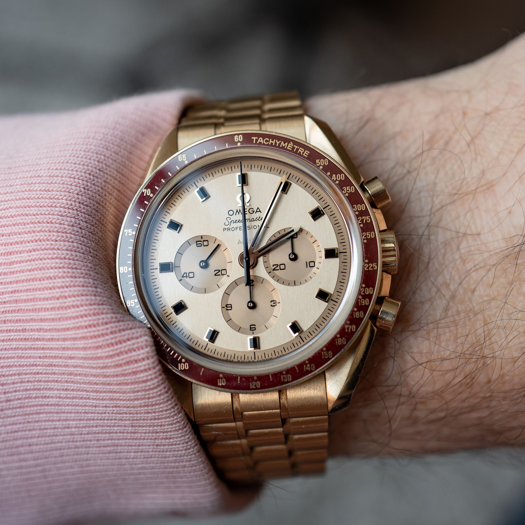 Moonshine Gold Omega Speedmaster Apollo 11 50th Anniversary wrist shot
