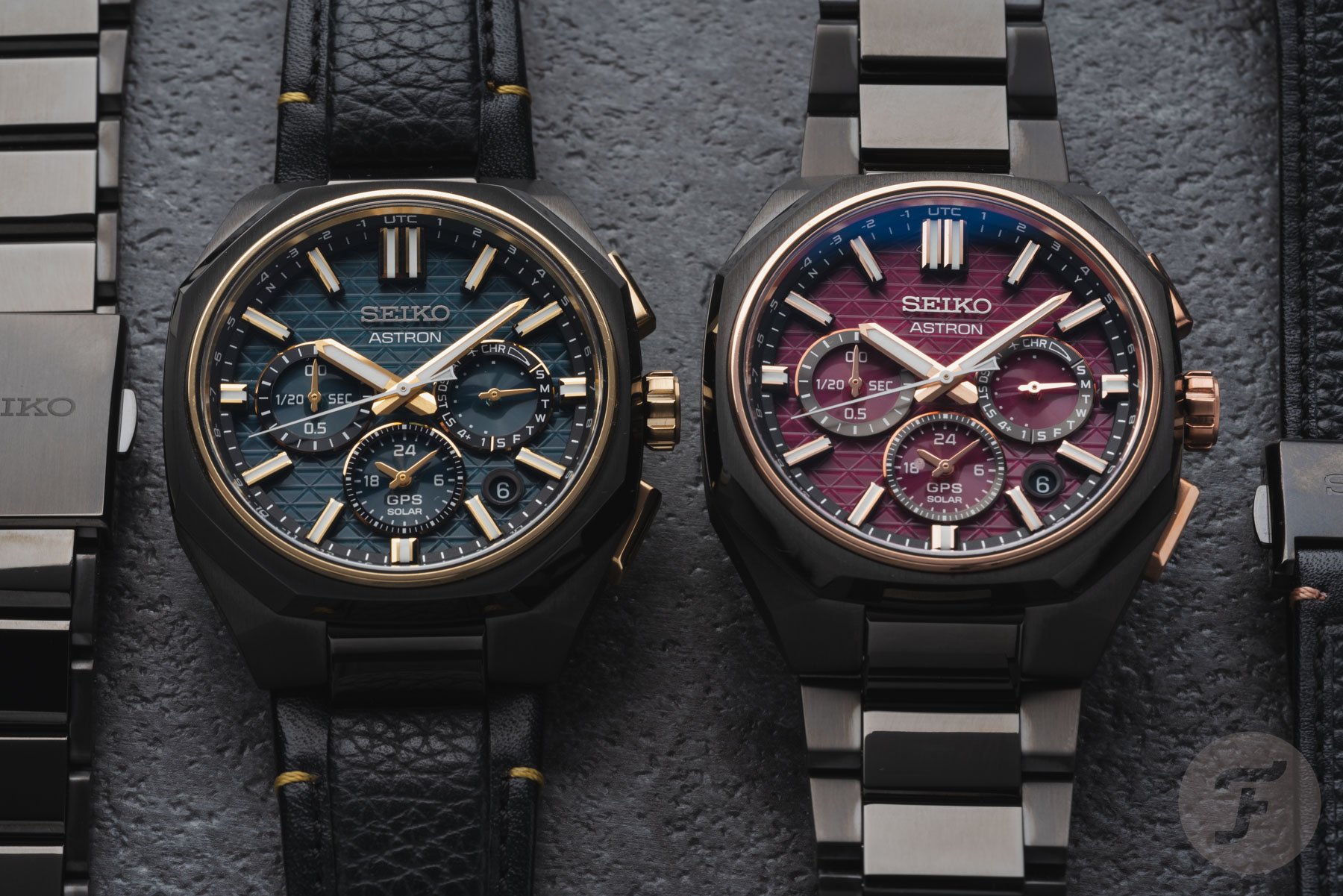 Seiko Astron GPS Solar Dual-Time Chronograph 2026 Limited Editions HAB009 and HAB010 side by side