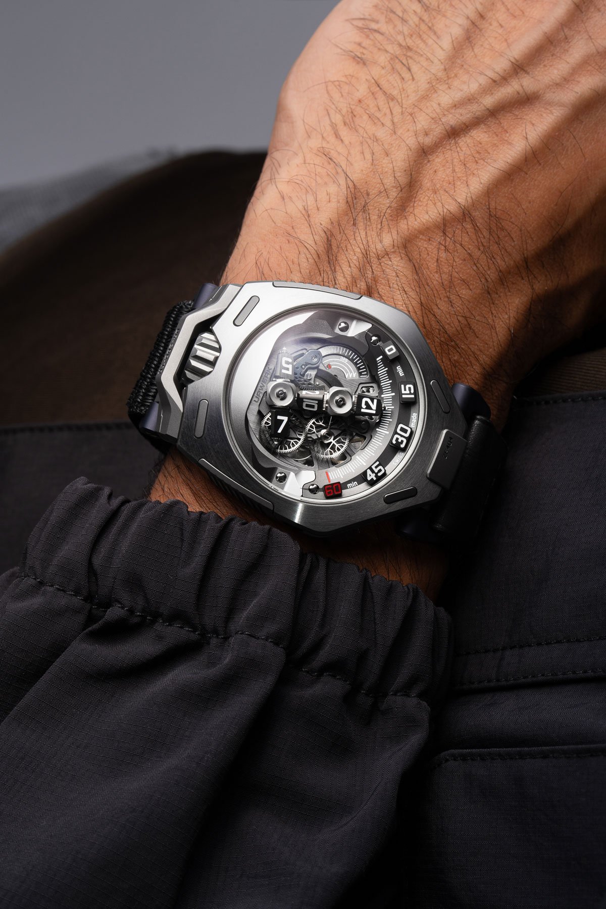 Urwerk UR-300 Time Quantum wrist shot with black sleeve