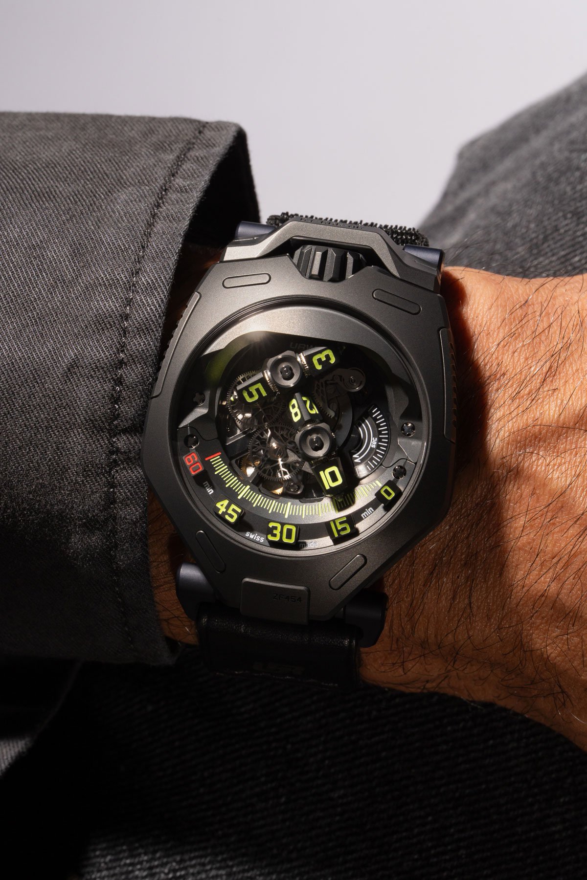 Urwerk UR-300 Time Quantum wrist shot with denim sleeve