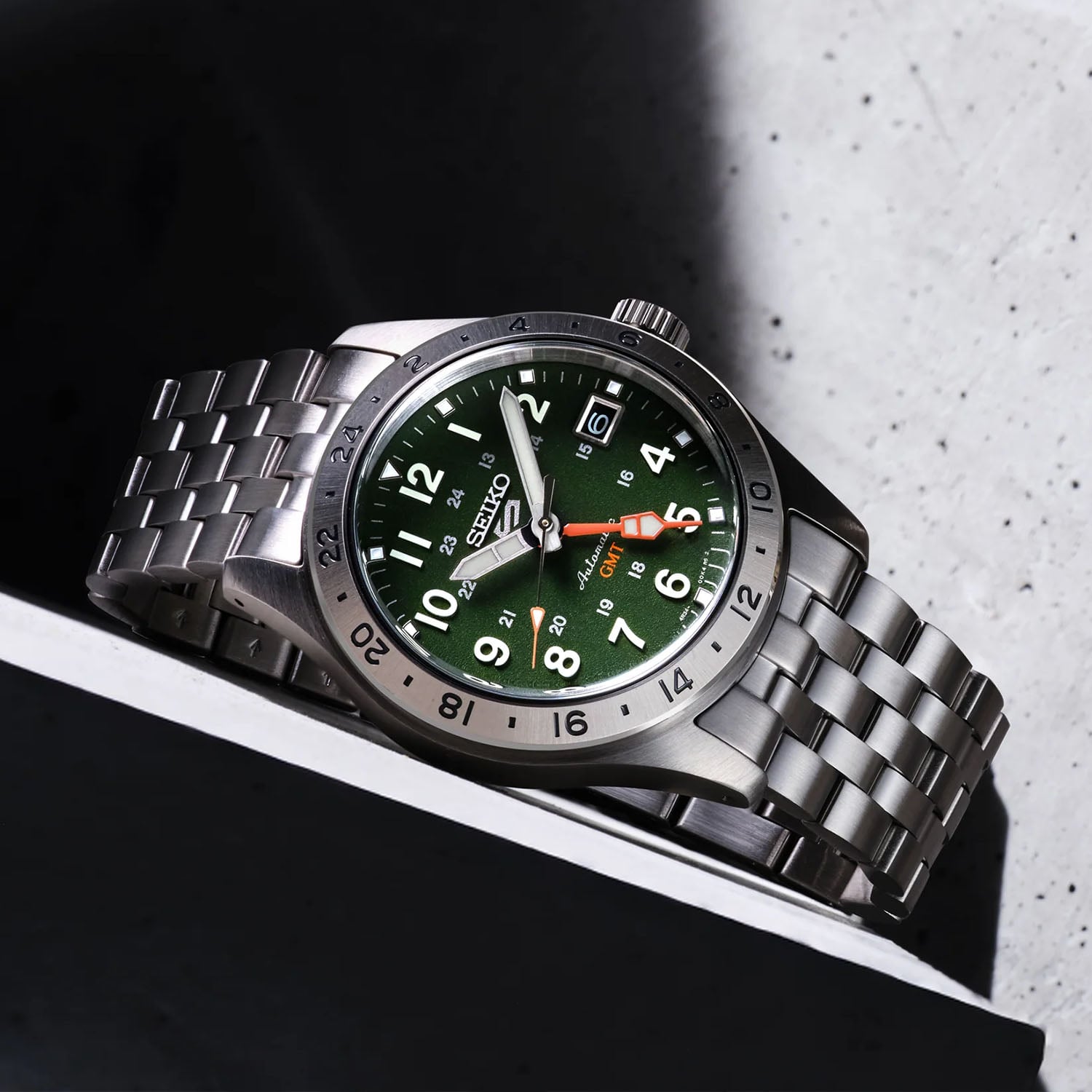 Seiko 5 Sports Field HDB001 on its side, crown up