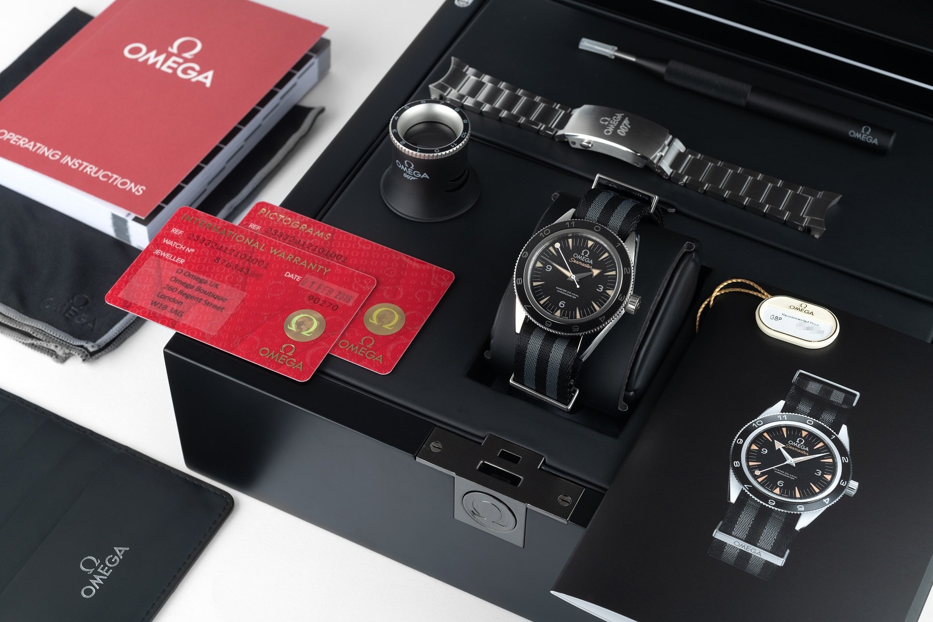 Bond watches — Omega Seamaster 300 Spectre ref. 233.32.41.21.01.001 with its box, papers, and accessories