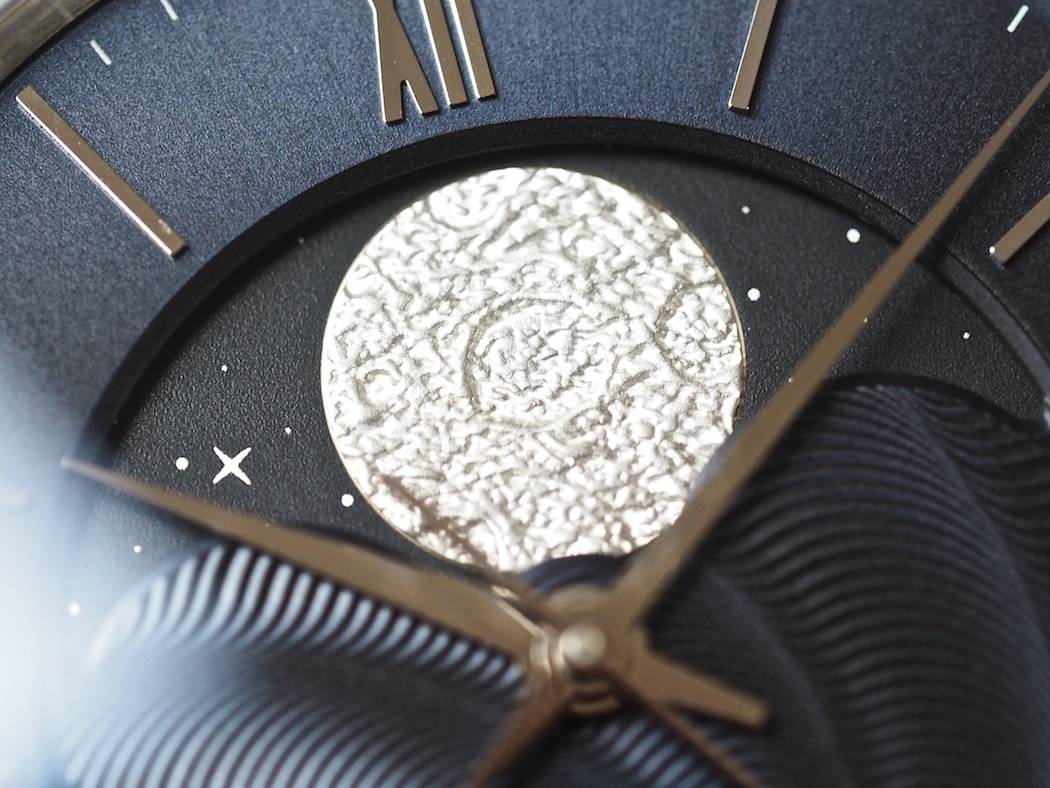 The Christopher Ward C9 Moonphase features a stamped and galvanized moonphase wheel