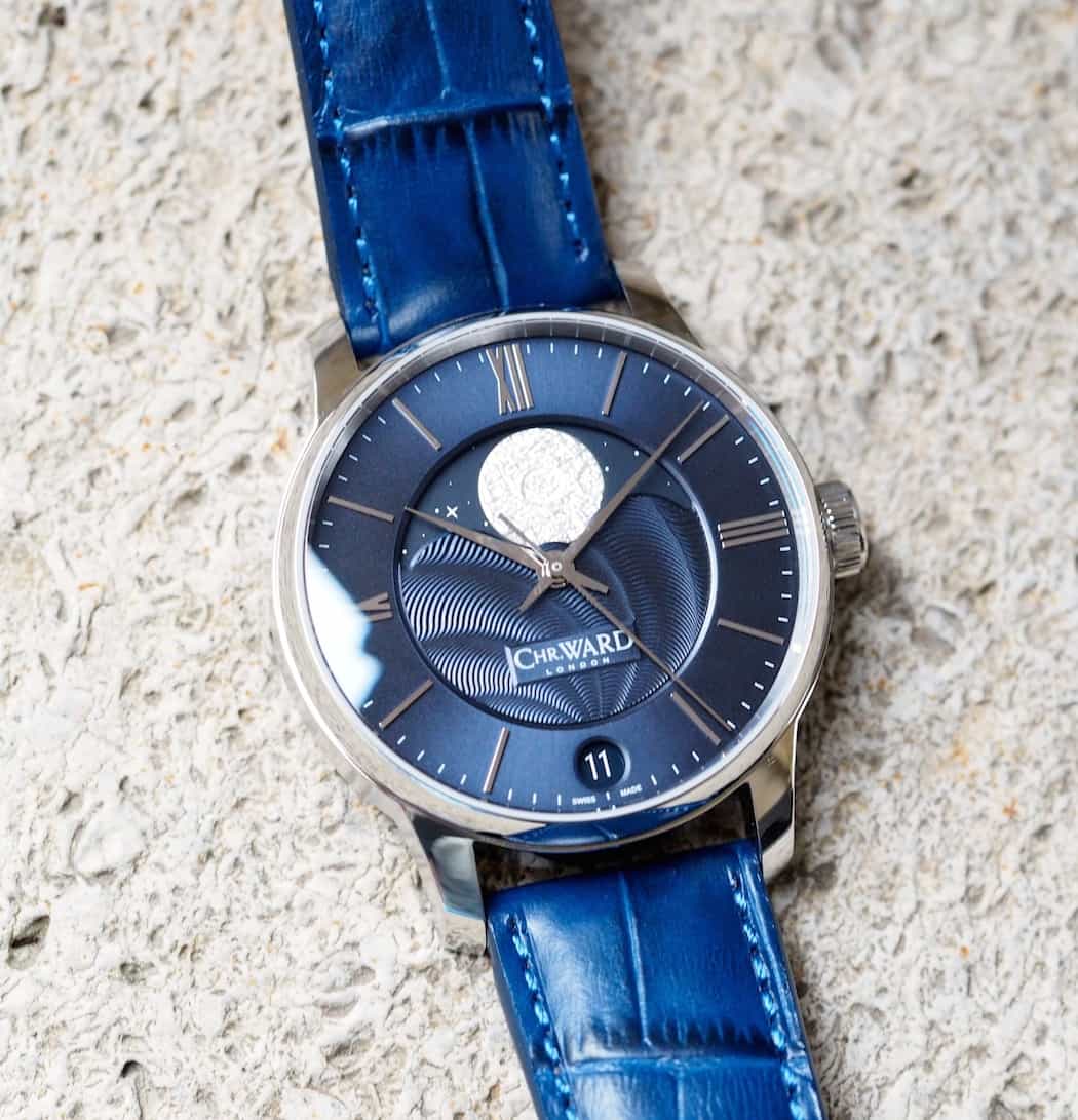 The Christopher Ward C9 Moonphase features a thick, high quality Louisiana alligator strap
