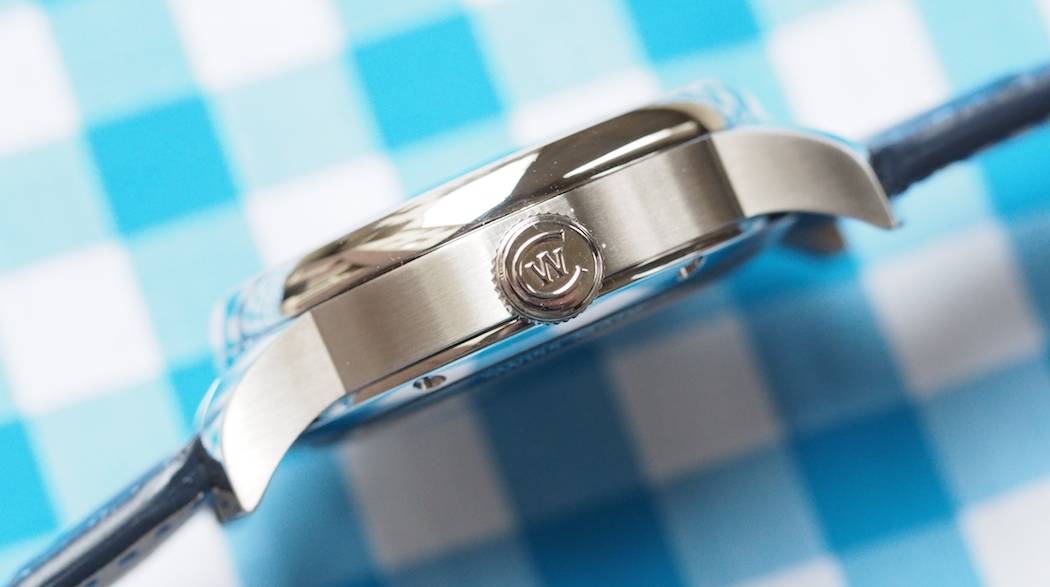 The Christopher Ward C9 Moonphase features a 13.3mm thick case with multiple finishes and a lovely signed crown