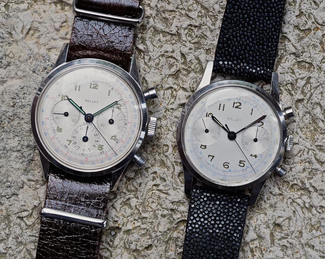 The Gallet Multichron 45 next to a Multichron 12