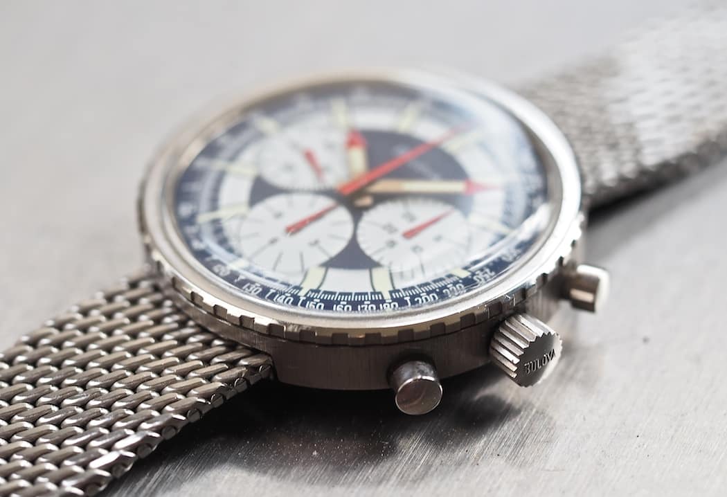 The Bulova Stars and Stripes from the side is a slim watch with a bezel that looks as if it should turn - it doesn't