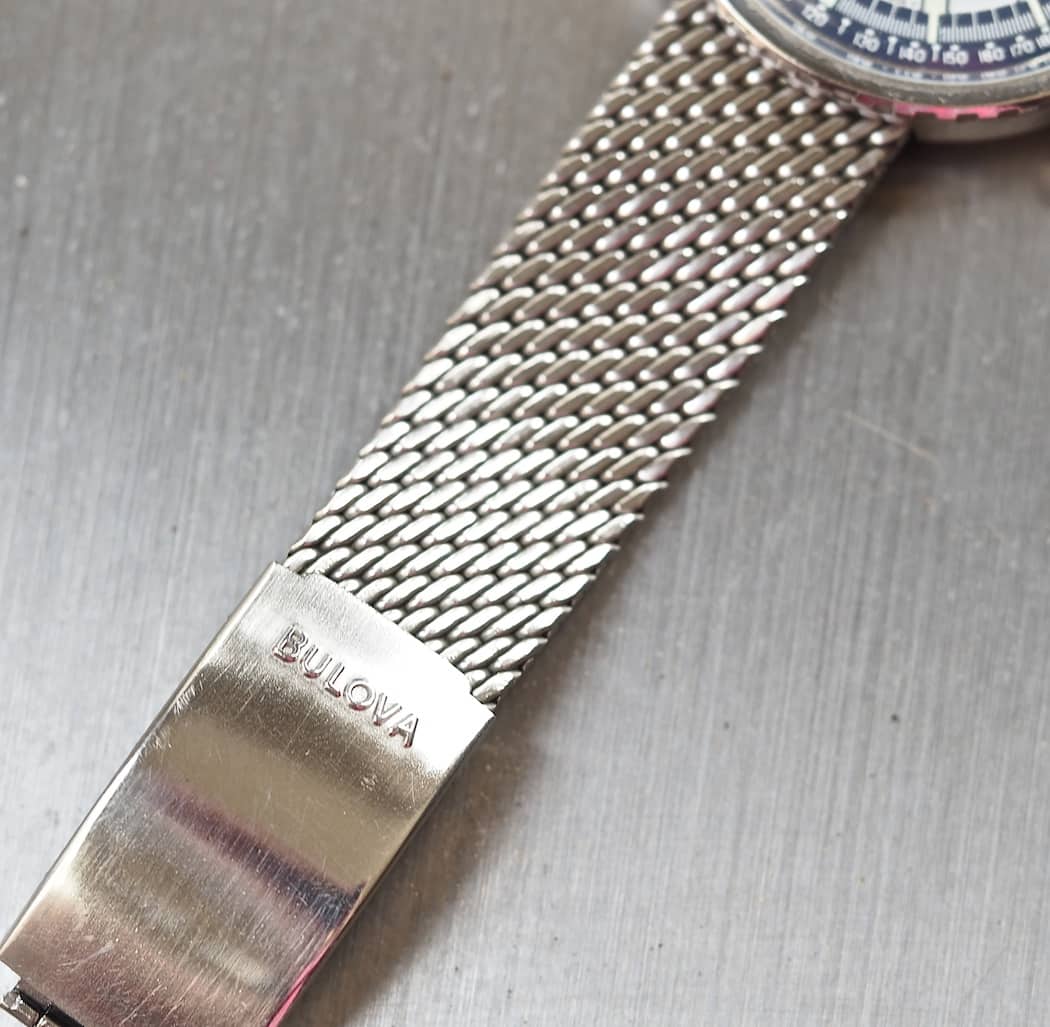 A look at the mesh bracelet and signed buckle of the Bulova Stars and Stripes