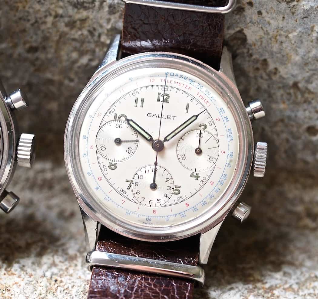 Note the black hands on the white dialed Gallet Multichron 12