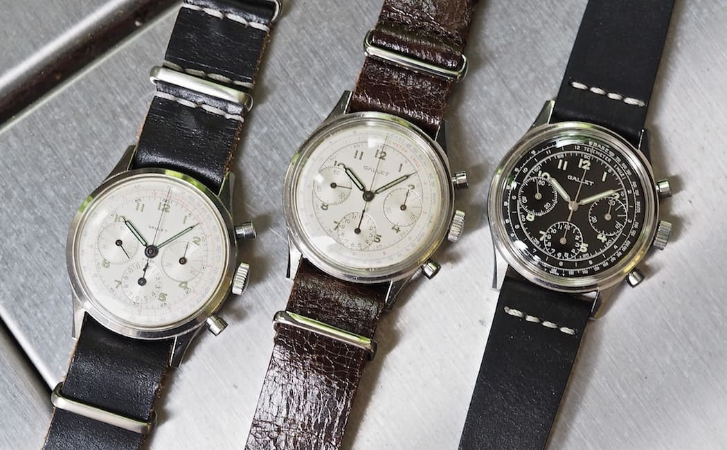 A trio of Gallet Multichron 12's, from L to R, an EP40 and the two V72's
