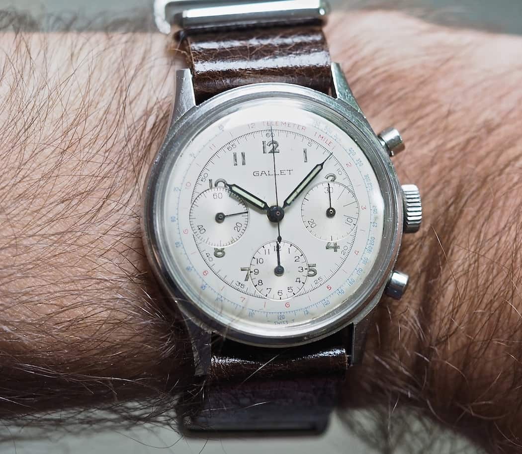The white Gallet Multichron 12 on the wrist