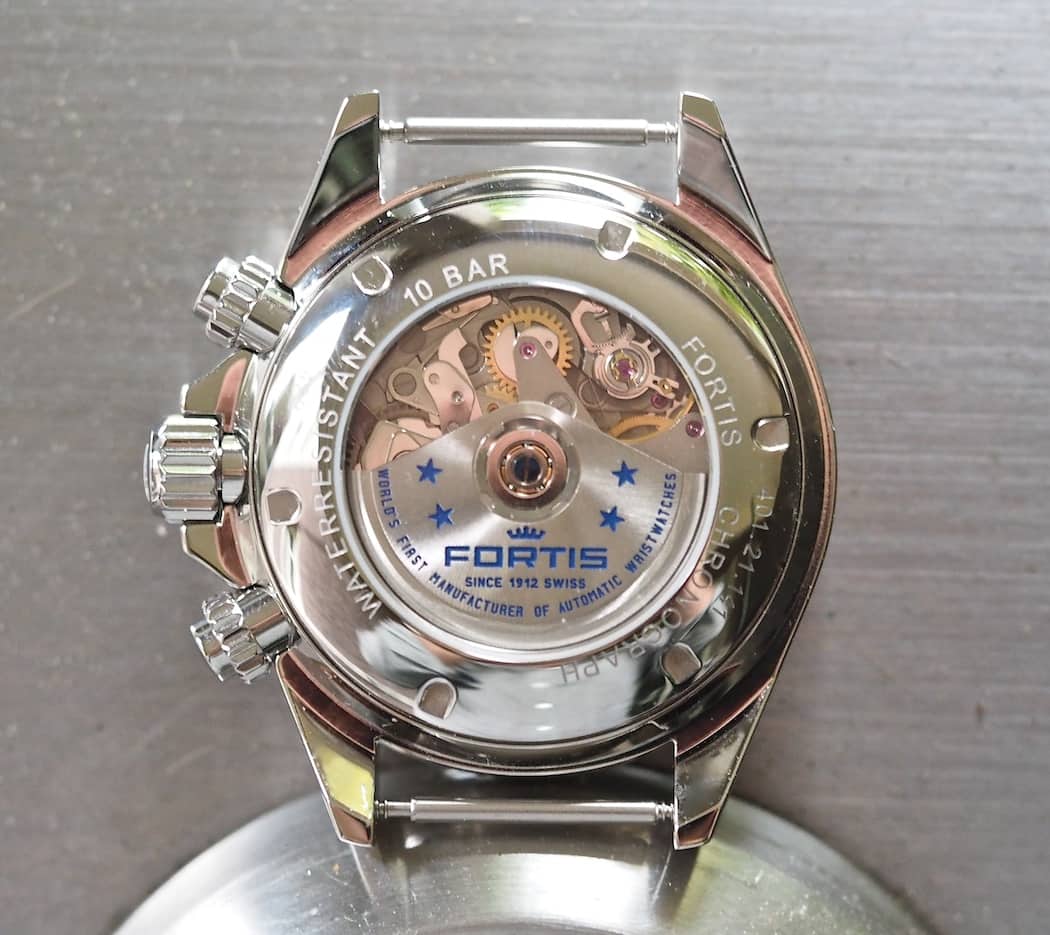 A look at the case back of the Fortis Classic Cosmonauts Chronograph