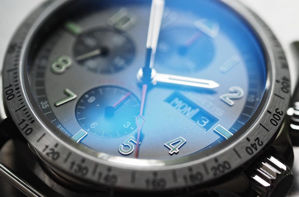 A look at the step dial and the punched hour indices on the Fortis Classic Cosmonauts