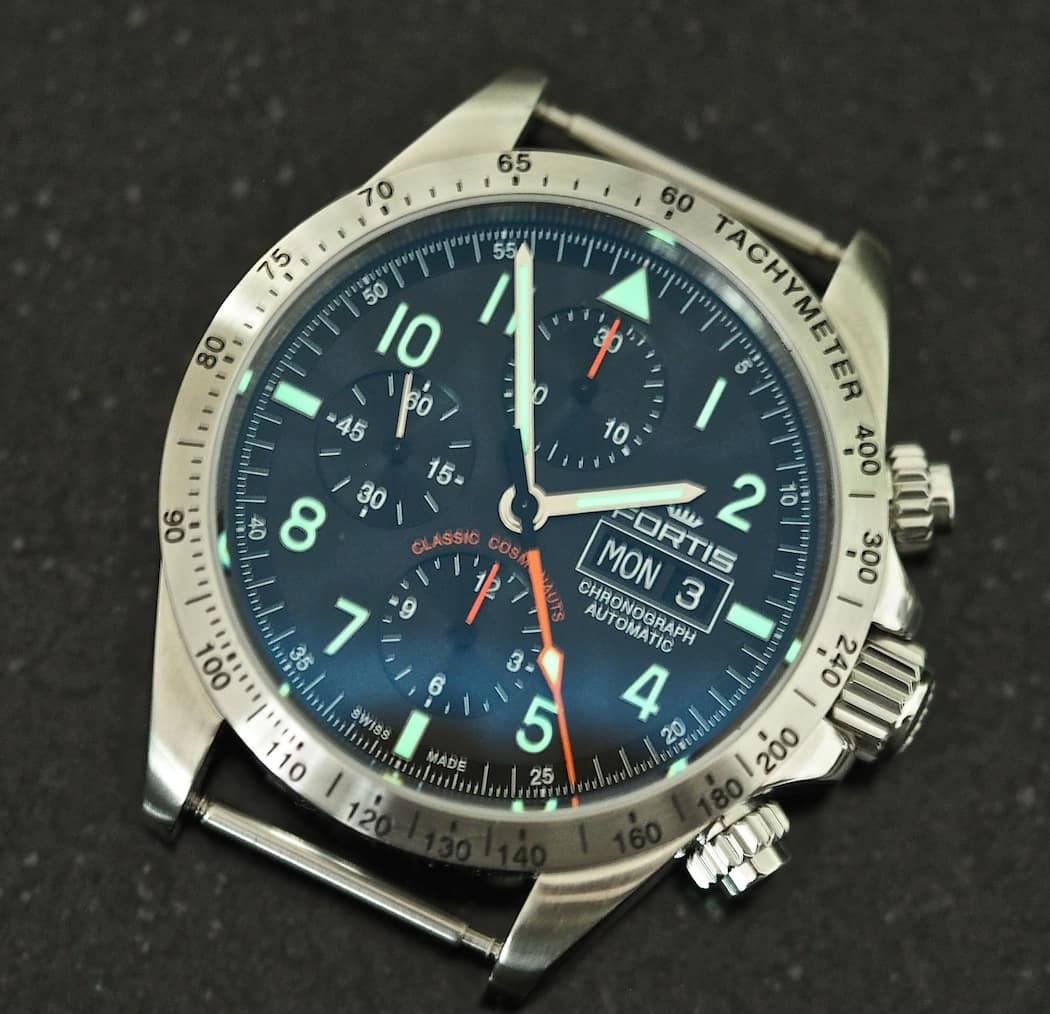 A look at the bright green lume on the dial of the Fortis Classic Cosmonauts