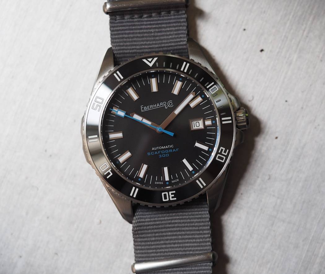 The Eberhard Scafograf 300 did duty on a 22mm NATO strap despite its 21mm lugs