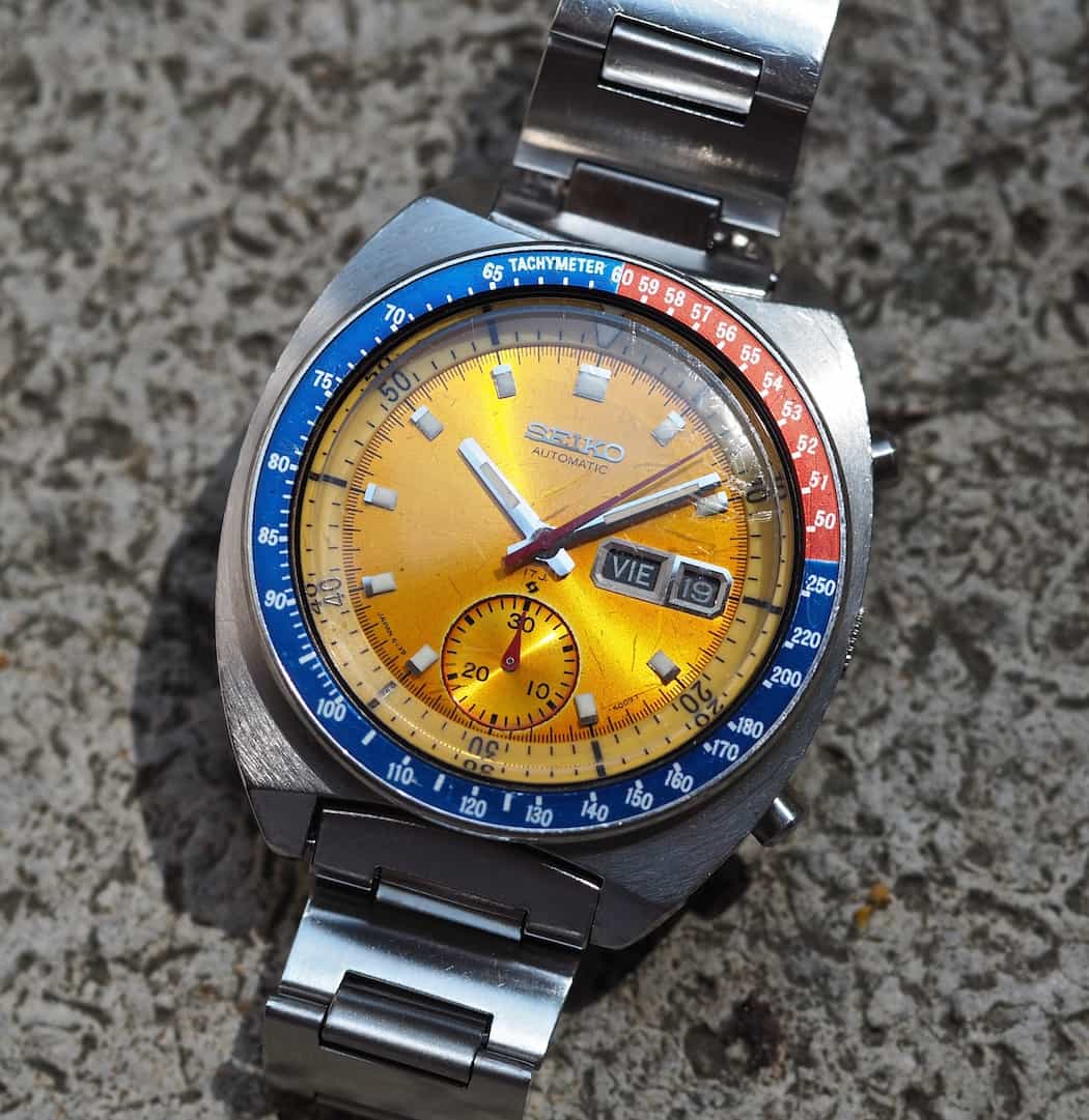 The yellow dial of the Seiko 6139 Pogue truly radiates in the light