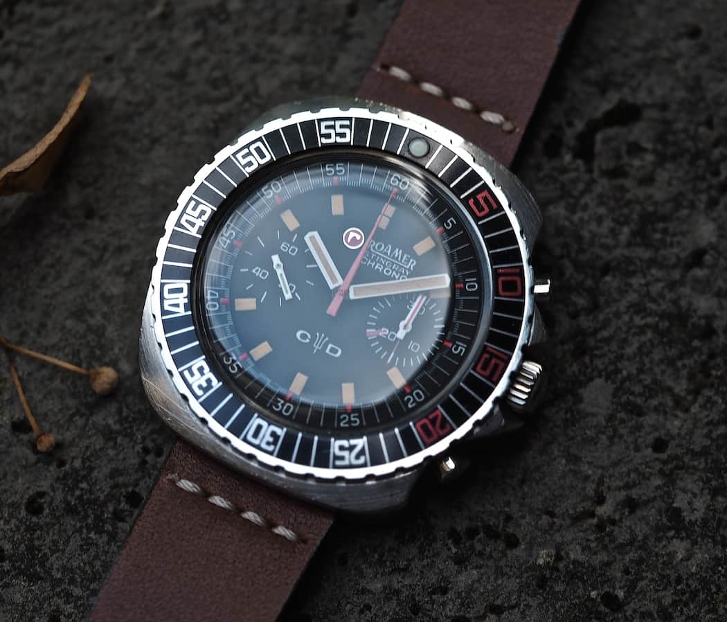 The Roamer Stingray Chrono Diver sports a big bold bezel