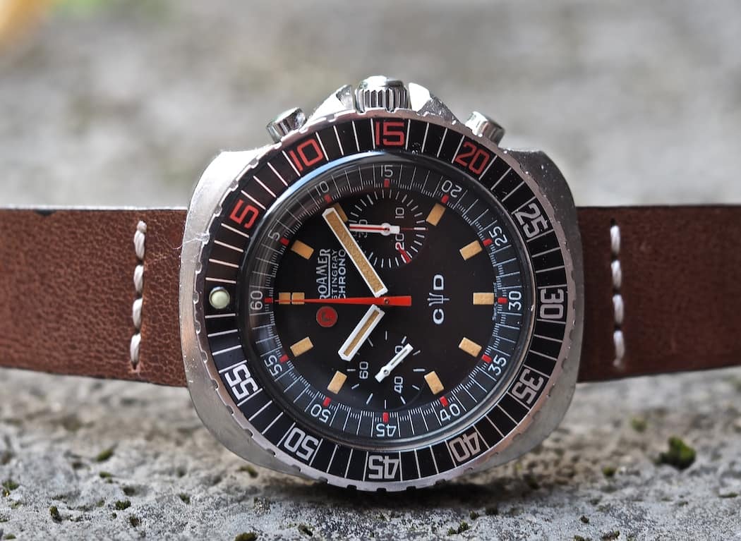 Viewed on its side, one can almost see the Stingray shape on the Roamer Stingray Chrono Diver