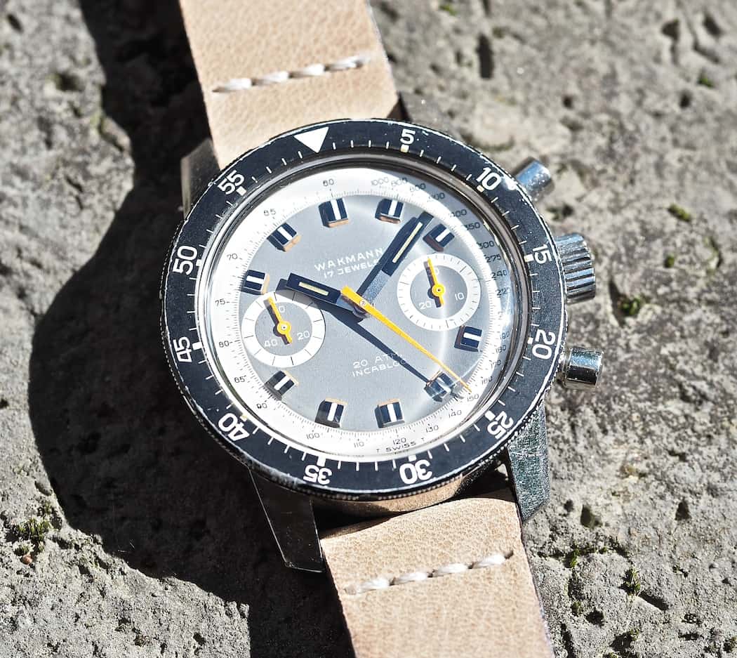 In direct light the grey dial of the Wakmann Big Boy takes on a decidedly lighter tone and the orange becomes far more yellow