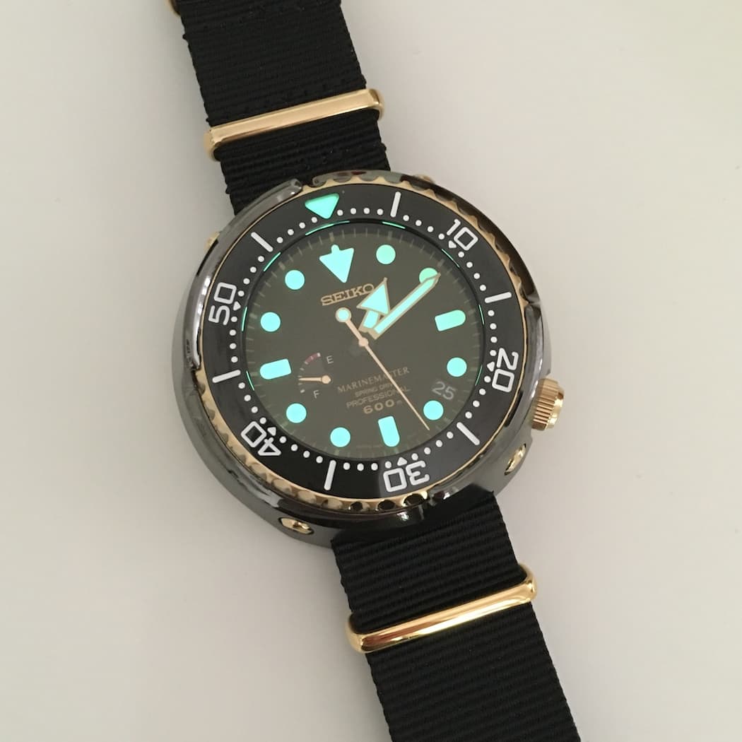A shot of the Lumibrite on the Seiko Spring Drive Tuna