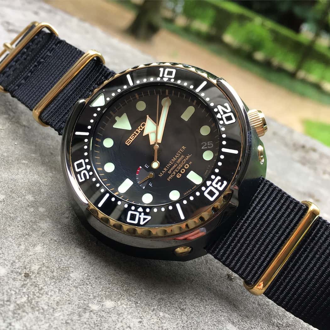 A view of the Seiko Spring Drive Tuna with its crown screwed into the case