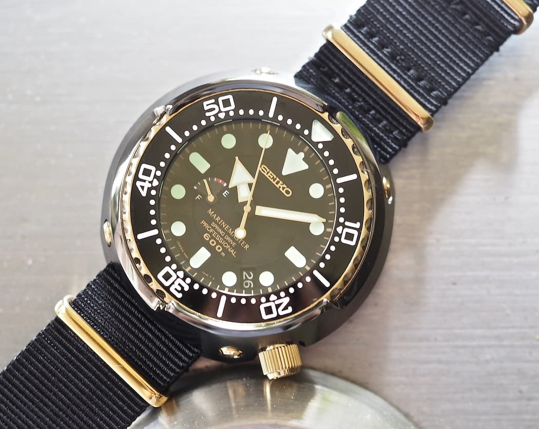 At just the hint of darkness, the Lumibrite shows itself on the dial of the Seiko Spring Drive Prospex