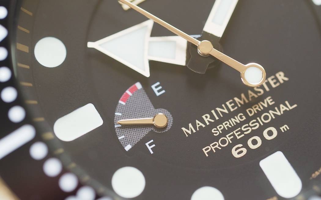 A close up of the power reserve indicator on the Seiko Spring Drive Tuna