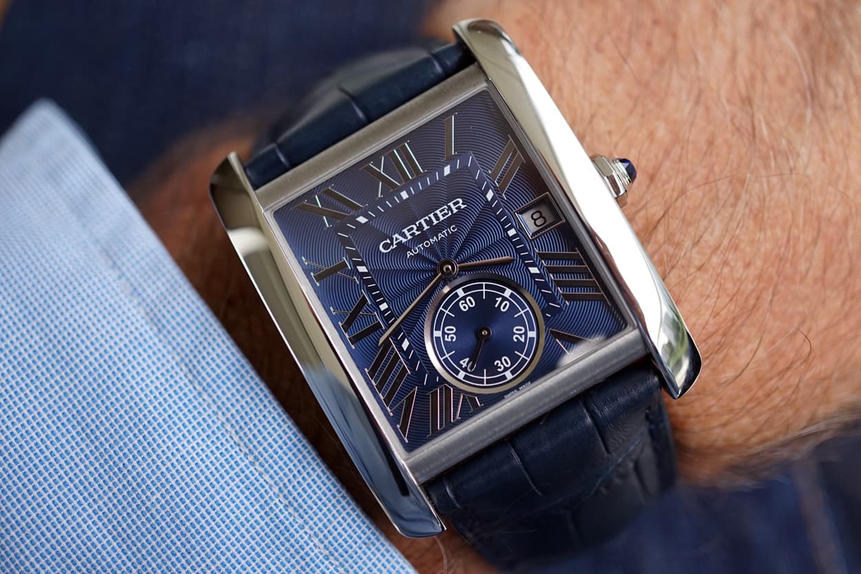 cartier tank mc blue dial